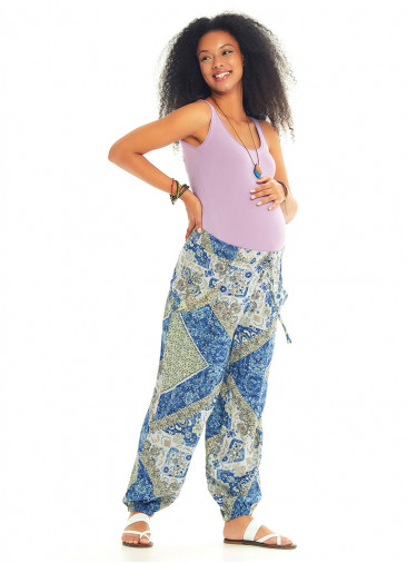 Blue Print Elastic Waist Bohemian Style Baggy Maternity Trouser
