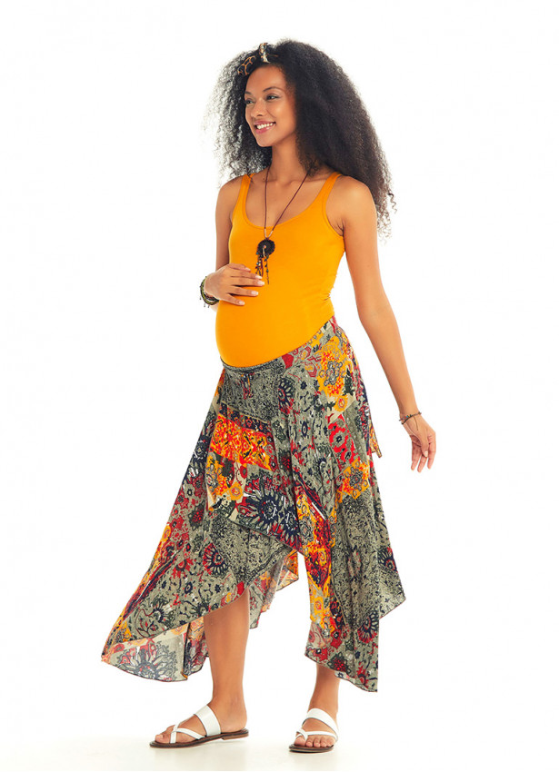 Mustard Patterned Bohemian Authentic Maternity Skirt