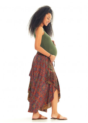 Paisley Print Hem Detail Elastic Waist Gypsy Flowy Midi Maternity Skirt
