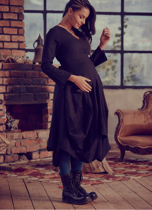Oversized Pocket Detail Tie Waist V Neck Cotton Maternity Dress