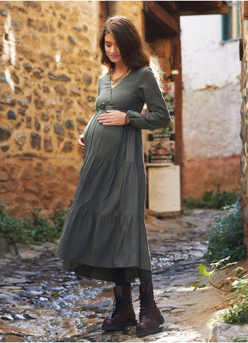 Layered Long Sleeve Khaki Maternity Dress