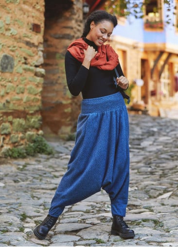 Shirred Waist Elastic Hem Indigo Winter Harem Pants