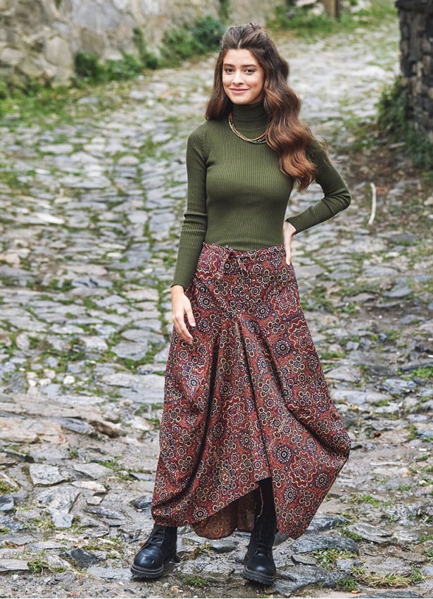 Retro Print Tie Waist Boho Long Skirt Wholesale Boho Clothing