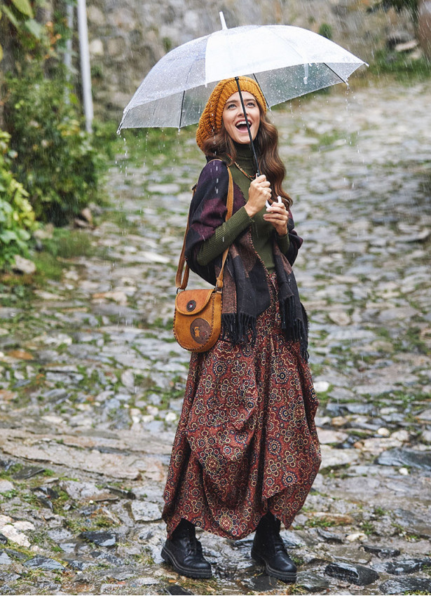 Retro Print Oversized Pocket Long Boho Skirt