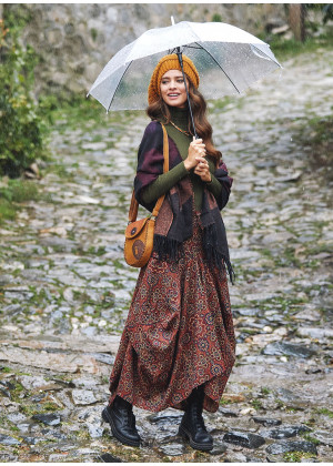 Retro Print Oversized Pocket Long Boho Skirt
