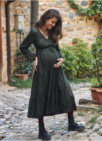 Layered Long Sleeve Paisley Maternity Maxi Dress