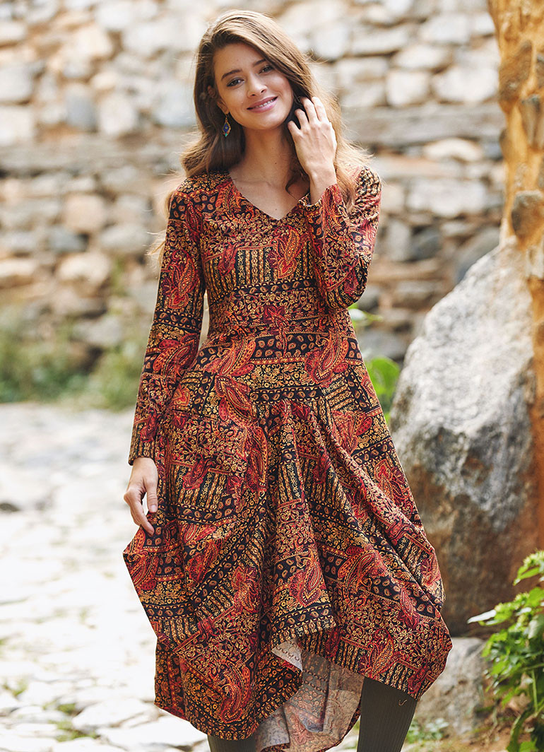 Black Artuk V Neckline Long Sleeve Dress Wholesale Boho Clothing