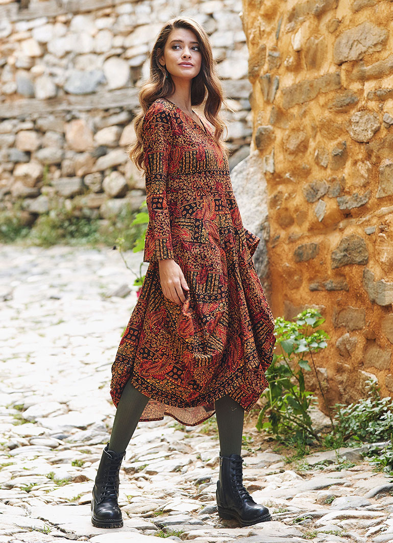 Black Artuk V Neckline Long Sleeve Dress Wholesale Boho Clothing