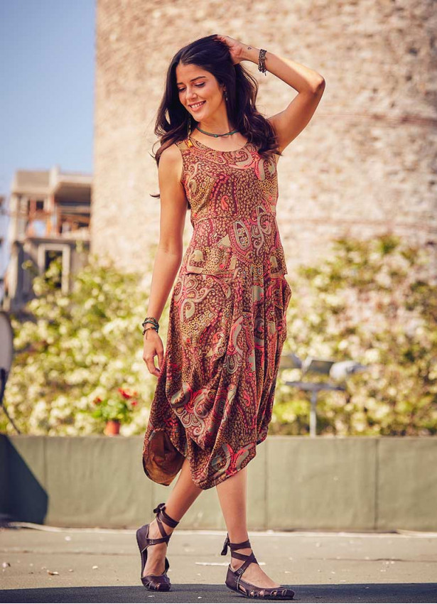 Paisley Print Sleeveless V Neckline Brown Dress