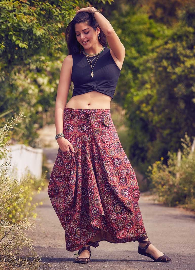 Retro Print Tie Waist Boho Long Skirt | Wholesale Boho Clothing