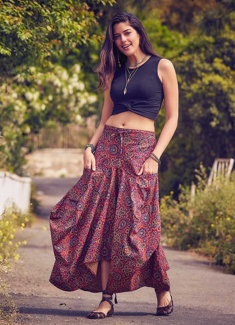 Retro Print Tie Waist Boho Long Skirt | Wholesale Boho Clothing