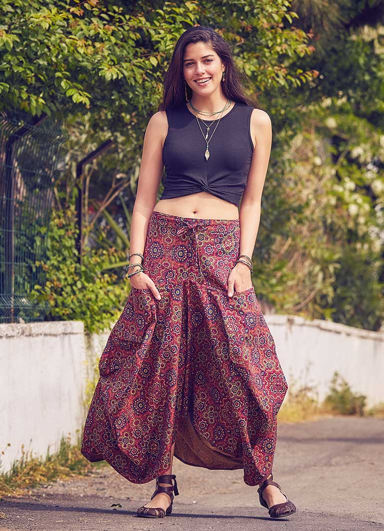 Retro Print Tie Waist Boho Long Skirt | Wholesale Boho Clothing