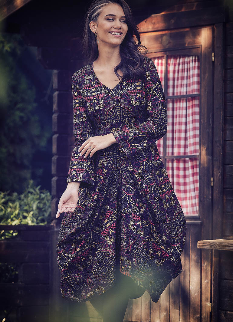 Ethnic Print Asymmetrical Hem Long Sleeve Dress Wholesale Boho Clothing