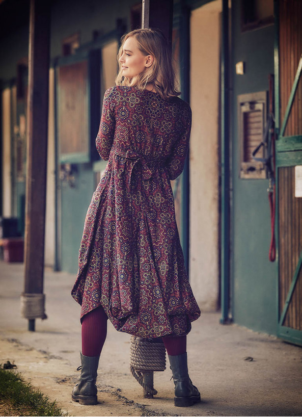 Retro Printed Asymmetrical Hem Long Sleeve Dress