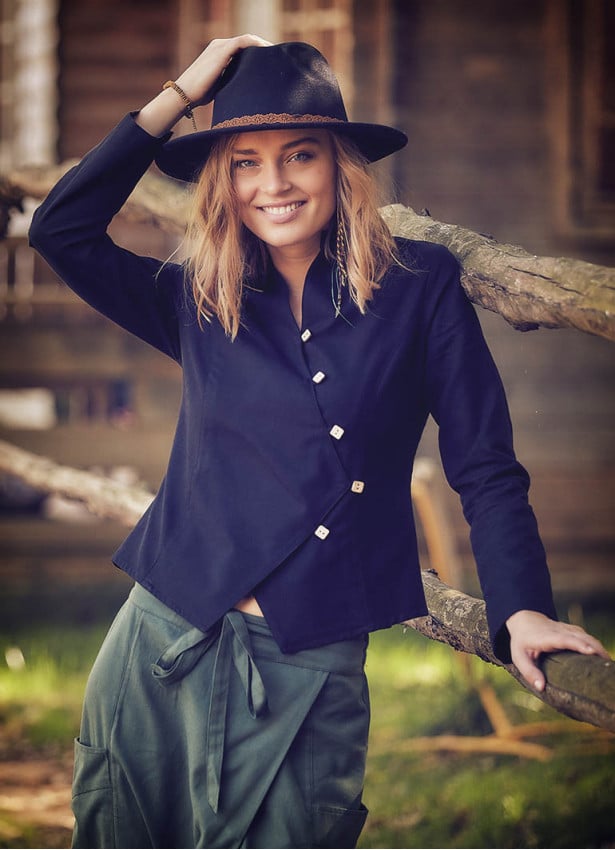 Asymmetric Front Slim Cut Long Sleeve Black Shirt