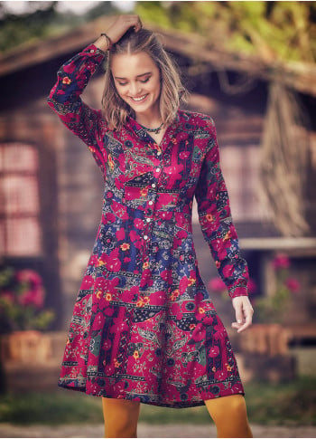 Shirt Collar Floral Print Gypsy Wholesale Fit And Flare Dress