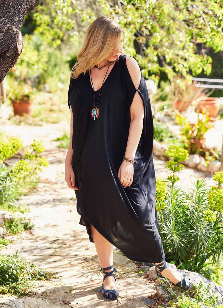 Deep V Neck Bohemian Style Plus Size Black Cold Shoulder Dress