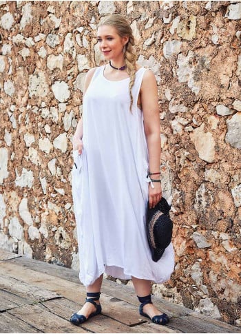 Oversize Buttoned Pockets Bohemia Wholesale Plus Size White Dress