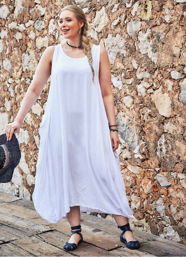 Oversize Buttoned Pockets Bohemia Wholesale Plus Size White Dress