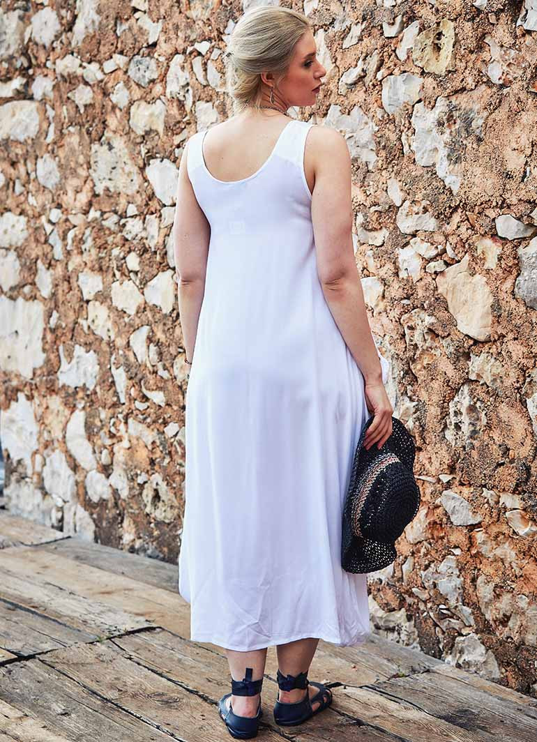 bohemian plus size white dress Buttoned Pockets Plus Size White Dress
