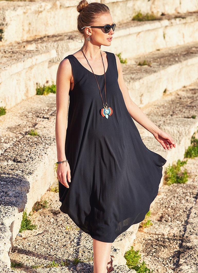 Boat Neck Gypsy Midi Bohem Black Dress | Wholesale Boho Clothing