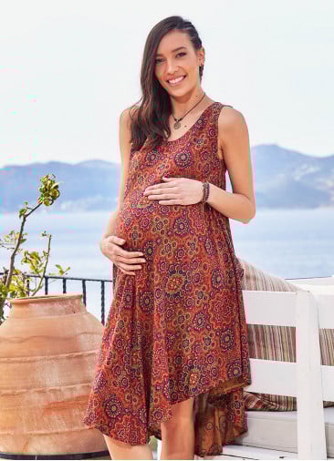 Scoop Neckline Sleeveless Round Hem Retro Print Maternity Dress