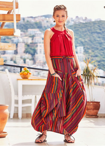 Elastic Waist Oversize Pocket Detail Striped Long Cotton Skirt