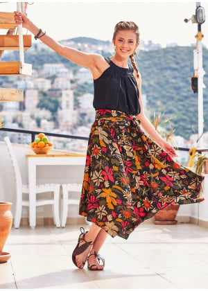 Floral Print Asymmetrical Hem Wholesale Bohemian Flowy Midi Skirt