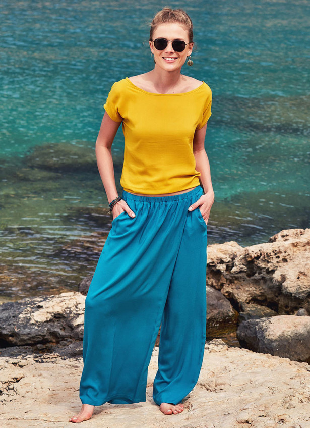 Wrap Front Elastic Waist Flowy Petrol Blue Pants