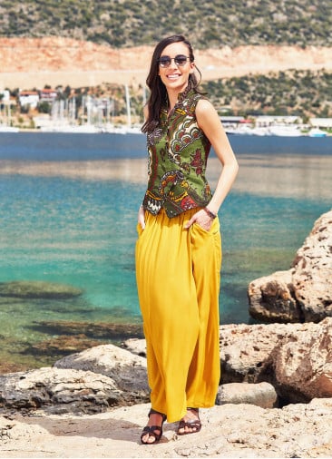 Wraped Front Elastic Waist Flowy Yellow Pants