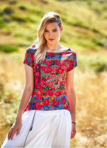 Ethnic Print Split Back Boat Neck Top
