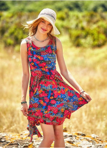 Floral Pattern Asymmetrical Skirt Sleeveless Dress