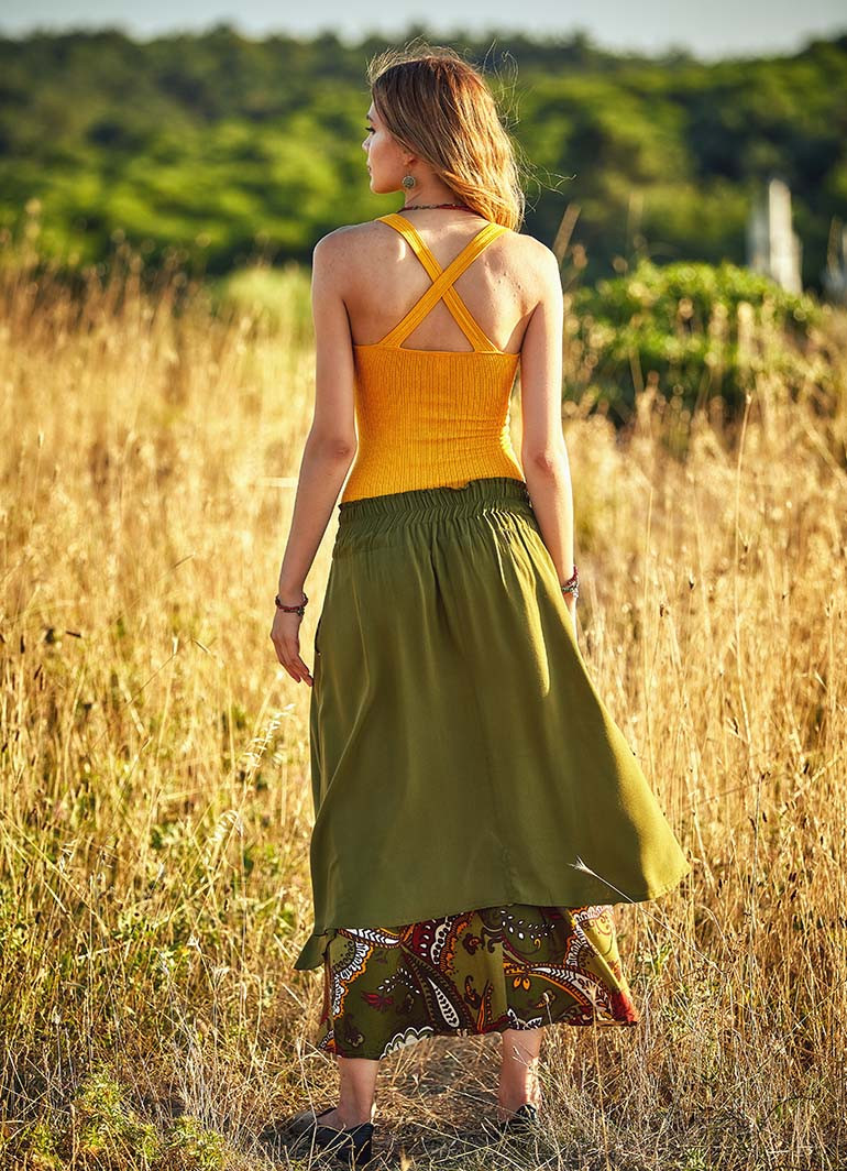 Ethnic Pattern Double Layered Green Maxi Skirt | Wholesale Boho Clothing