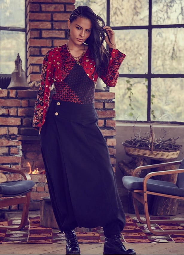 Elastic Waist Wrap Front Wholesale Gypsy Style Black Harem Pants