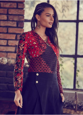 Floral Print Patchwork Long Sleeve Red Blouse Top