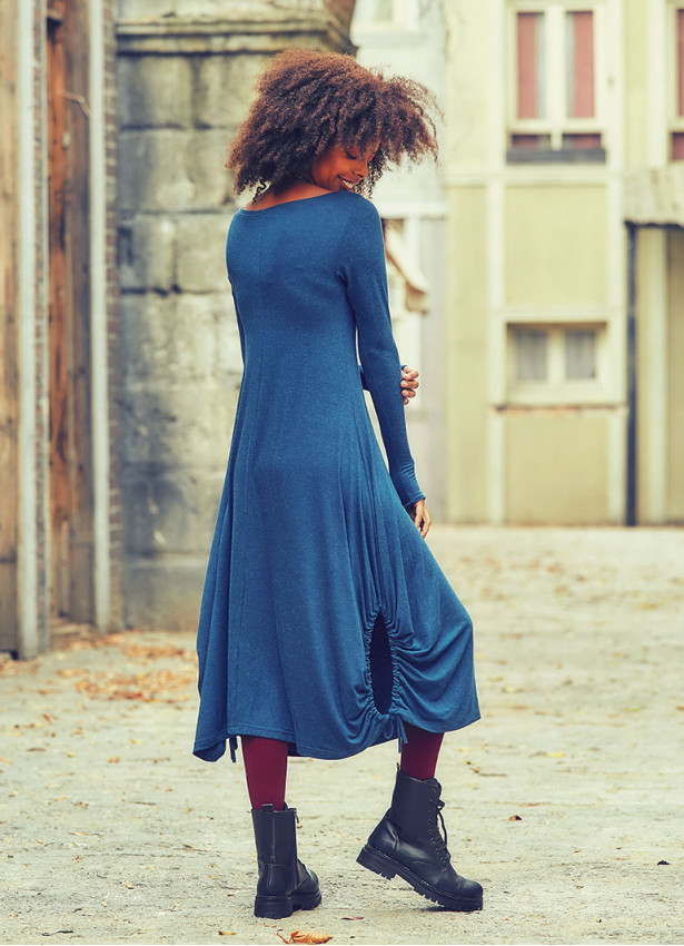 Boat Neckline Side String Detail Long Sleeve Wholesale Maxi Dress