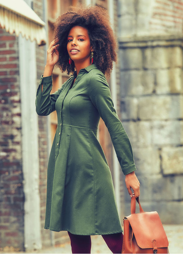 Shirt Collar Knee Lenght Long Sleeve Cotton Fit And Flare Dress