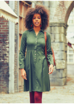 Shirt Collar Knee Lenght Long Sleeve Cotton Fit And Flare Dress
