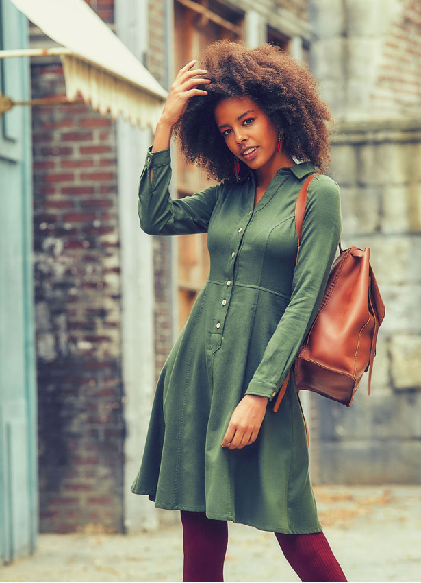Shirt Collar Knee Lenght Long Sleeve Cotton Fit And Flare Dress