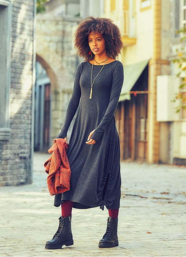 Boat Neckline Thumb Hole Detail Long Sleeve Wholesale Maxi Dress
