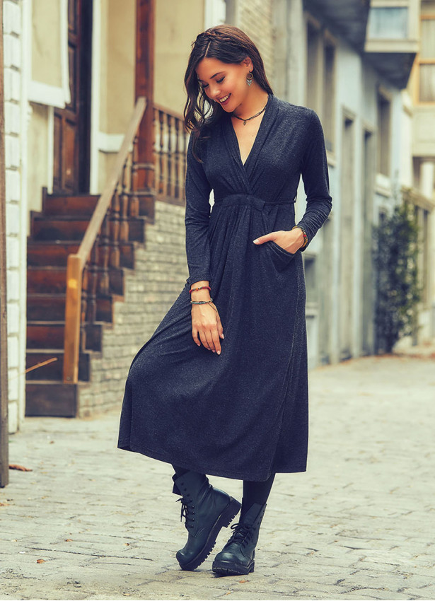 Front Yoke V Neckline Tie Waist Long Sleeve Winter Dress
