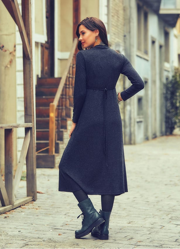Front Yoke V Neckline Tie Waist Long Sleeve Winter Dress