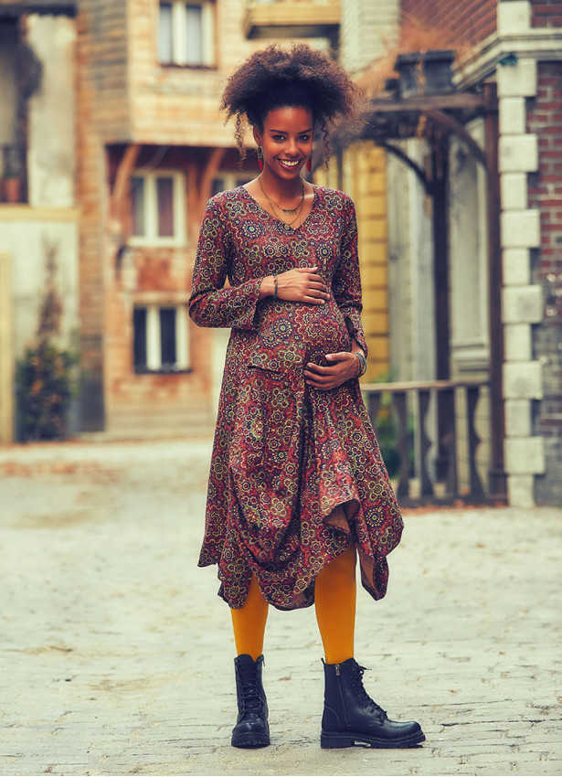 Retro Print V Neckline Long Sleeve Boho Style Maternity Dress