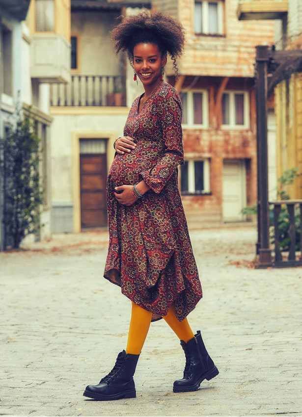 Retro Print V Neckline Long Sleeve Boho Style Maternity Dress