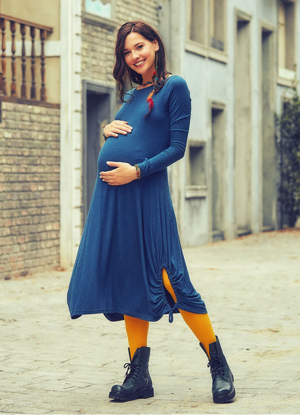 Boat Neckline Side Strings Thumb Hole Long Sleeve Maternity Dress