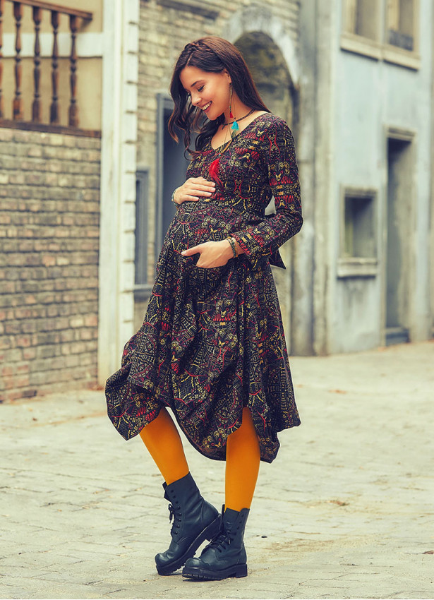 V Neck Tie Waist Boho Style Long Sleeve Cotton Maternity Dress