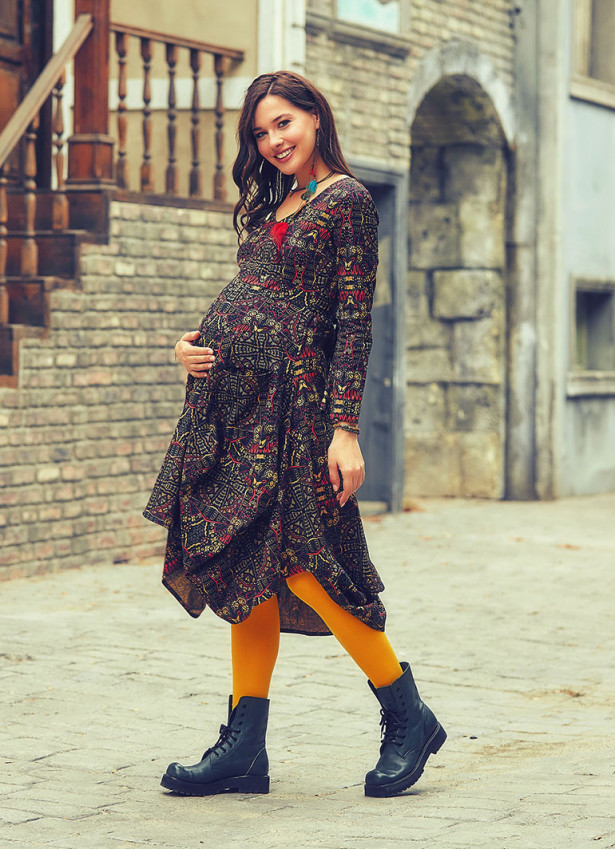 V Neck Tie Waist Boho Style Long Sleeve Cotton Maternity Dress