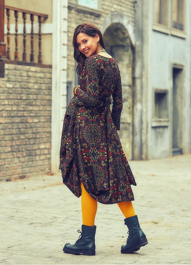V Neck Tie Waist Boho Style Long Sleeve Cotton Maternity Dress