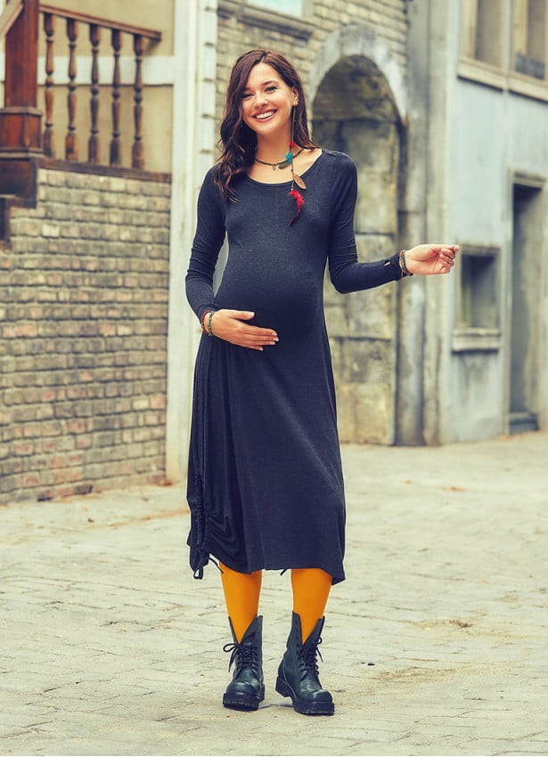 Boat Neck Thumb Hole Detailed Long Sleeve Pregnancy Maxi Dress