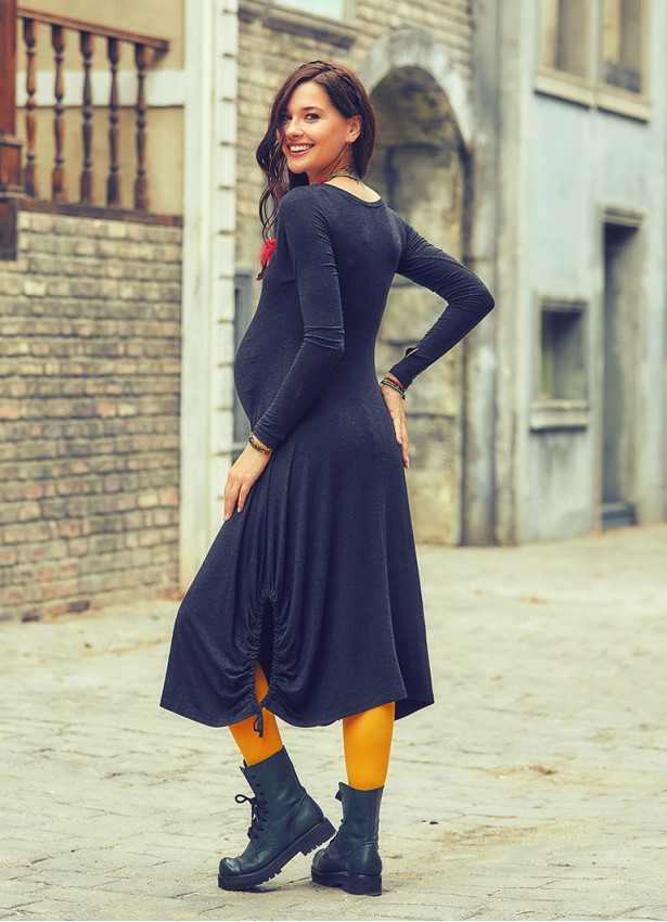 Boat Neck Thumb Hole Detailed Long Sleeve Pregnancy Maxi Dress